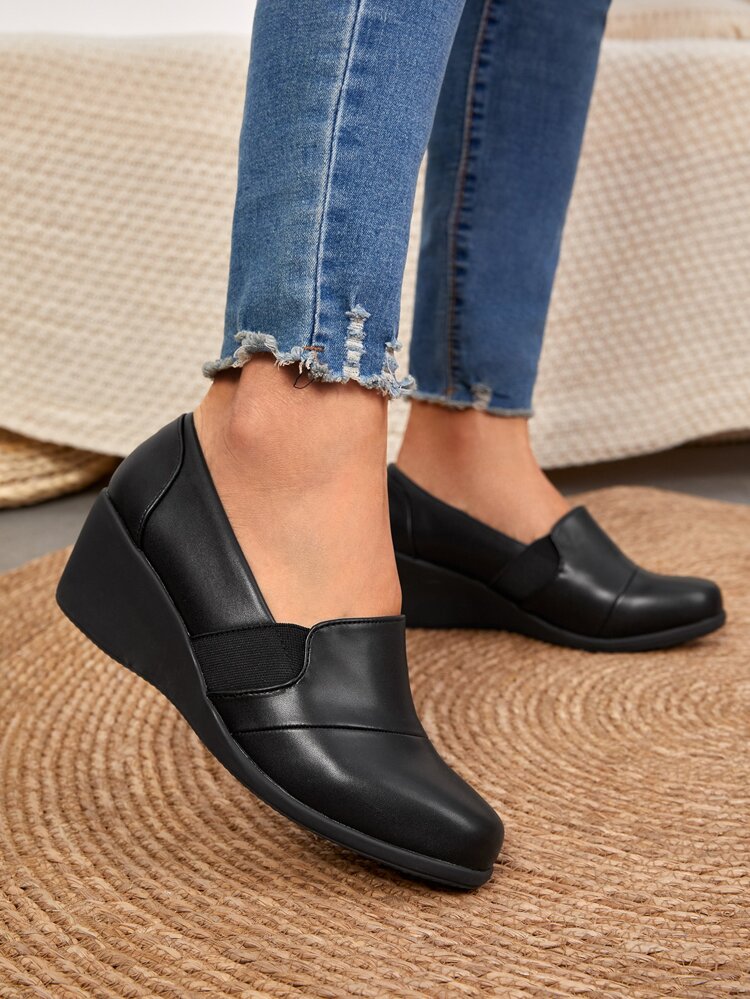 Elastic Band Decor Slip On Wedges, Black Fashionable Solid Color Women's Wedge Heel Shoes