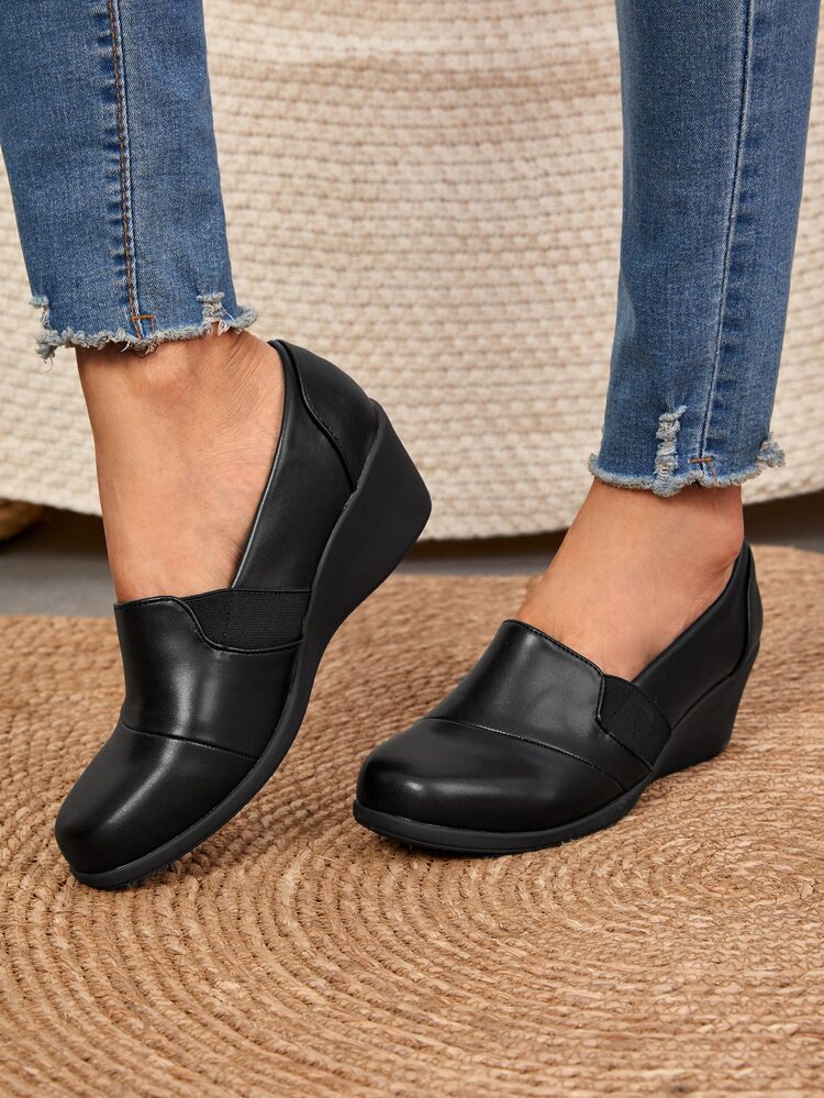 Elastic Band Decor Slip On Wedges, Black Fashionable Solid Color Women's Wedge Heel Shoes