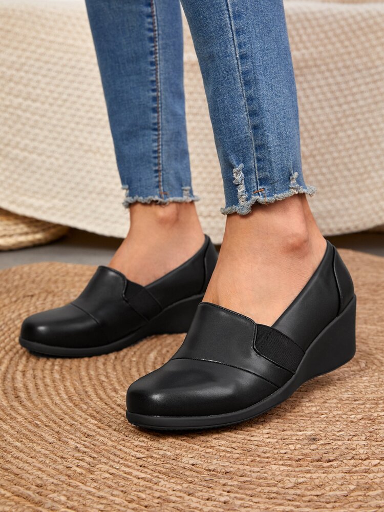 Elastic Band Decor Slip On Wedges, Black Fashionable Solid Color Women's Wedge Heel Shoes