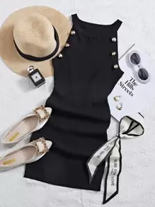 SHEIN Privé Button Detail Ribbed Knit Jumper Dress - Black - View 1