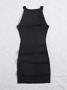 SHEIN Privé Button Detail Ribbed Knit Jumper Dress - Black - View 2