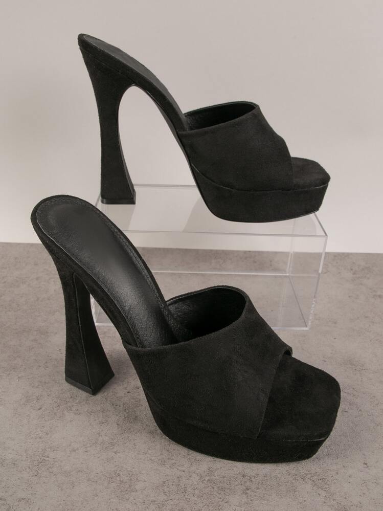 Faux Suede Chunky Platform Slip On Heel Mules - Black - View 1