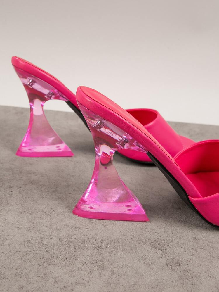 Vacation Outdoors Hot Pink High Heel Sandals For Women, Artificial Leather Open Toe Perspex Chunky Heeled Mule Sandals - Hot Pink - View 3