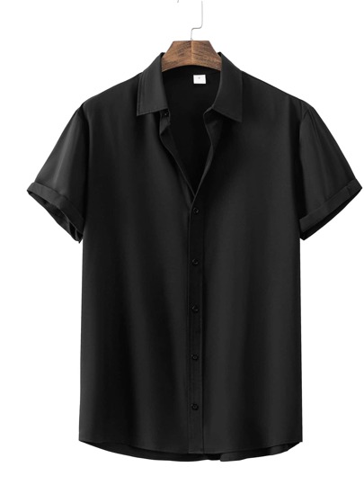 Manfinity Homme Men Single Breasted Satin Casual Short Sleeve Collar Shirt, For Going Out