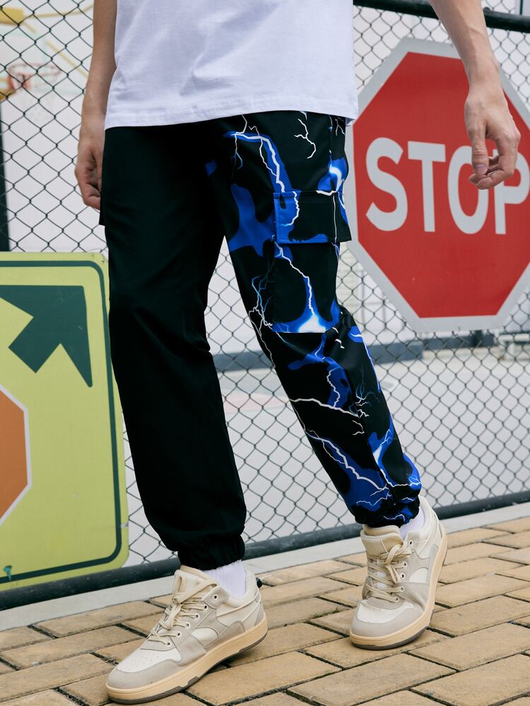 ROMWE MEN Men Lightning Graphic Cargo Drawstring Pants - Multicolor - View 1