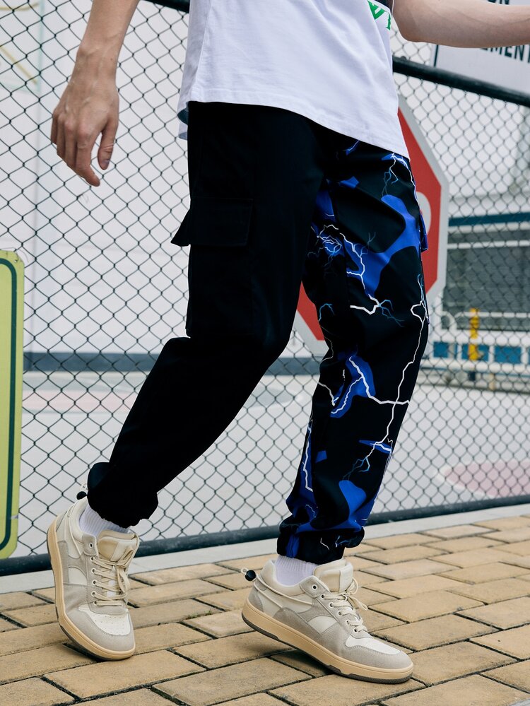 ROMWE MEN Men Lightning Graphic Cargo Drawstring Pants - Multicolor - View 6