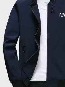 Manfinity Homme Men Letter Graphic Outdoor Windbreaker Bomber Jacket Without Tee - Navy Blue - View 3