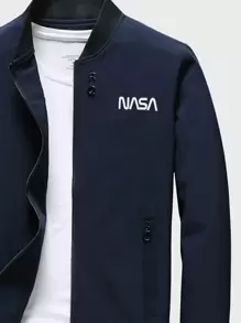 Manfinity Homme Men Letter Graphic Outdoor Windbreaker Bomber Jacket Without Tee - Navy Blue - View 4