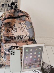 One Color-Block Cartoon Graffiti Laptop Bag/IPad Case With Large Capacity, Multiple Pockets & Compartments, Zipper, Handle, Shoulder Strap, Suitable For Women, Young Girls, Students, Daily Commute Perfect For Back To School, First Day Of School, College, Middle School, High School, School Supplies, Backpack For School, Back To School Bags, Waterproof, Classic Casual - Multicolor - View 6