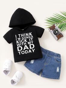 男嬰標語圖案連帽T恤和破洞抽鬚牛仔短褲 - 彩色 - 查看 1