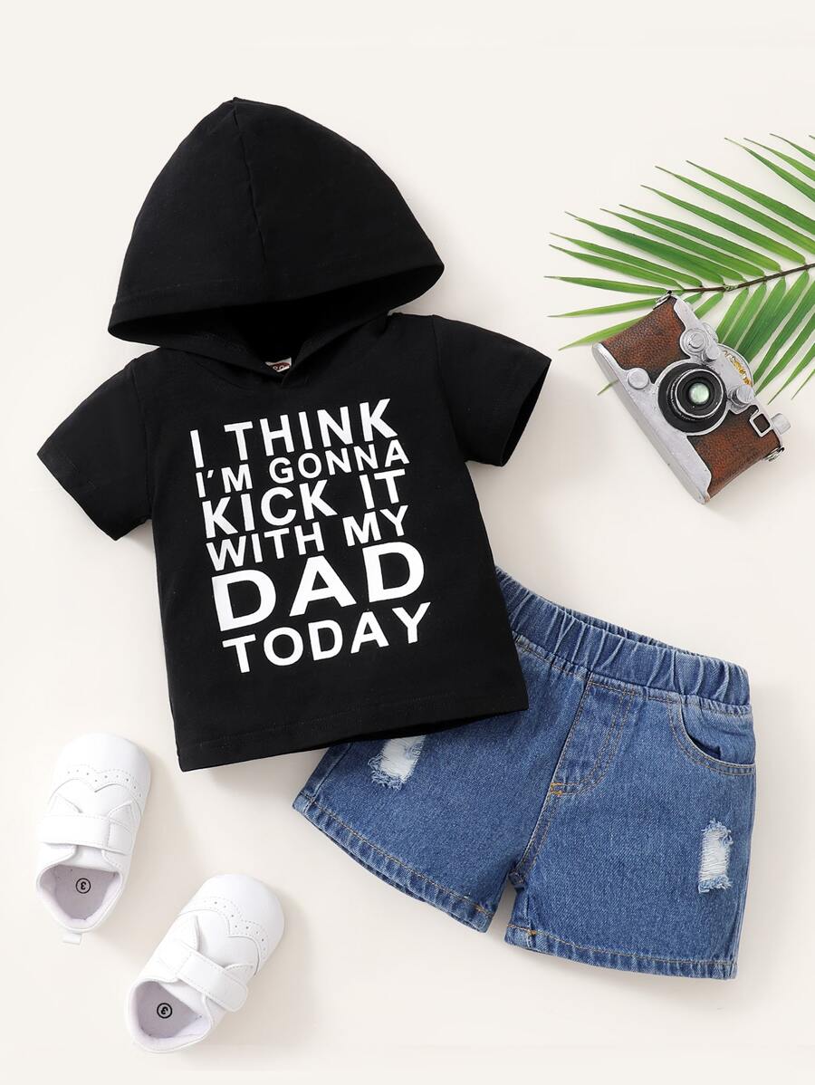 男嬰標語圖案連帽T恤和破洞抽鬚牛仔短褲 - 彩色 - 查看 1