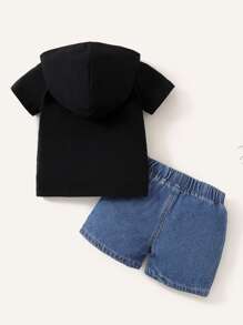 男嬰標語圖案連帽T恤和破洞抽鬚牛仔短褲 - 彩色 - 查看 2