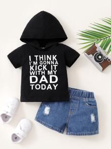 男嬰標語圖案連帽T恤和破洞抽鬚牛仔短褲 - 彩色 - 查看 3