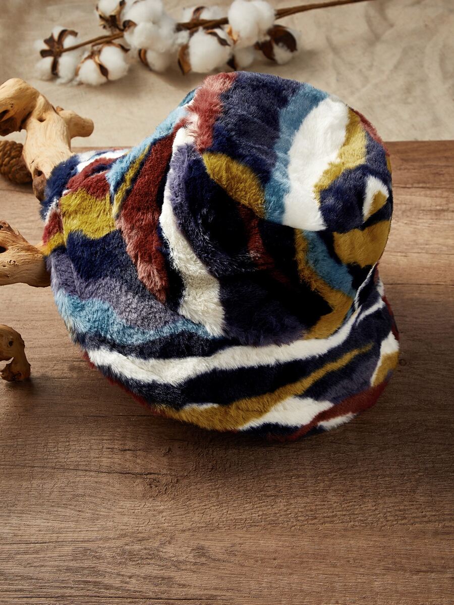Street 1pc Graphic Print Fluffy Hat Bucket Hat Classic Basin Hats Winter Plush Warmer For Women - Multicolor - View 1
