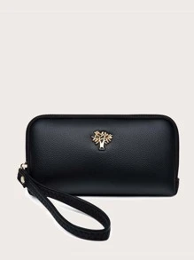 金属树形细节超薄便携现金白领女性大学工作商务通勤办公室周年纪念情侣生日礼物情人节礼物女士钱包钱包长款钱包腕带钱包 - 黑色 - 查看 1