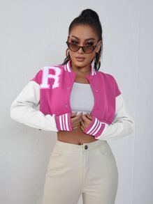 SHEIN Unity Letter Patched Striped Trim Drop Shoulder Crop Varsity Jacket - Hot Pink - View 1