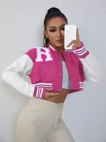 SHEIN Unity Letter Patched Striped Trim Drop Shoulder Crop Varsity Jacket - Hot Pink - View 3