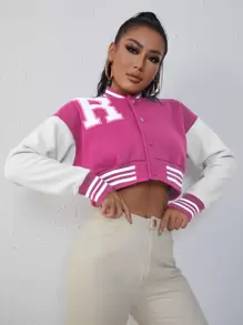 SHEIN Unity Letter Patched Striped Trim Drop Shoulder Crop Varsity Jacket - Hot Pink - View 4