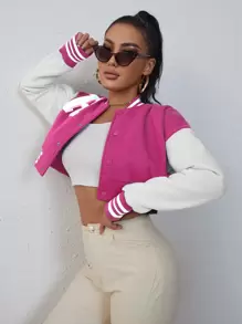 SHEIN Unity Letter Patched Striped Trim Drop Shoulder Crop Varsity Jacket - Hot Pink - View 6