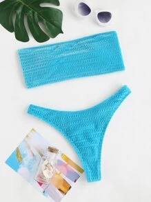 SHEIN Swim 夏季沙灘穿梭彈性平口 G 字型比基尼 - 薄荷藍 - 查看 5