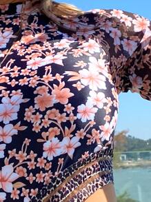 Swim Vcay Floral Print Contrast Mesh One Piece Swimsuit - Multicolor - View 5