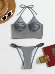 SHEIN Swim Ruched Push Up Tanga Bikini Set Summer Beach - Grey - View 3