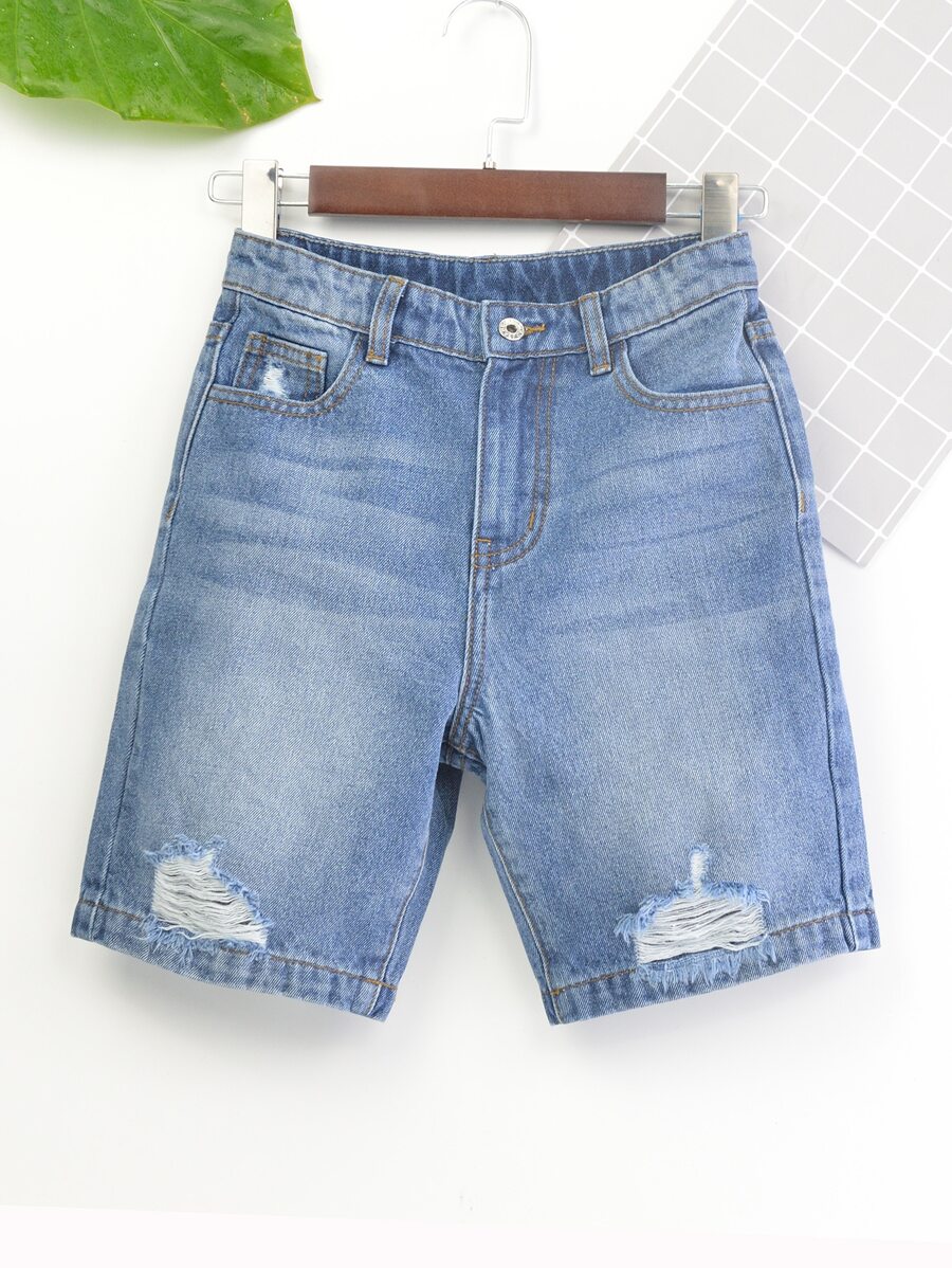 Boys Bleach Wash Ripped Frayed Denim Shorts - Light Wash - View 1