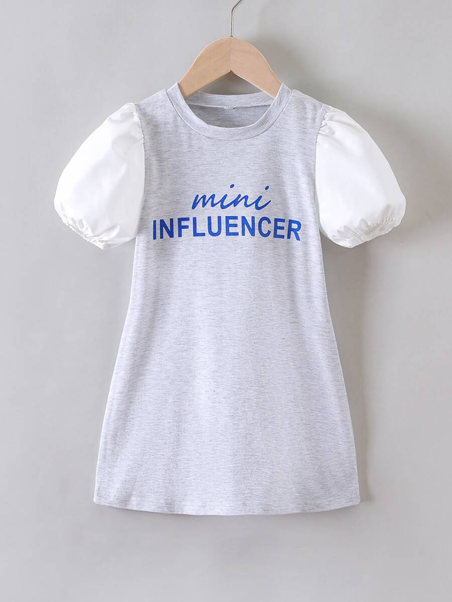 SHEIN 小女童字母圖案拼接燈籠袖洋裝