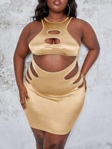 SHEIN SXY 大碼鏤空緞面緊身連衣裙