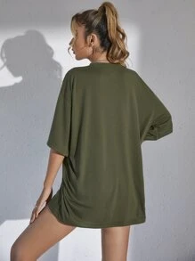 INAWLY 素色落肩T恤 - 軍綠色 - 查看 2