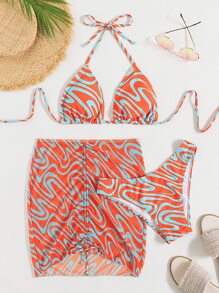 Allover Graphic Halter Triangle Bikini & Beach Skirt - Orange - View 3