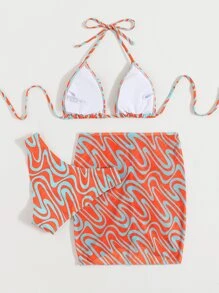 Allover Graphic Halter Triangle Bikini & Beach Skirt - Orange - View 2