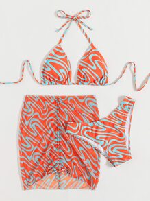 Allover Graphic Halter Triangle Bikini & Beach Skirt - Orange - View 4
