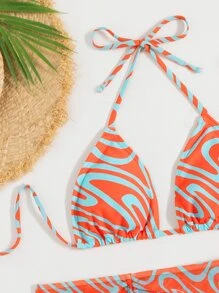 Allover Graphic Halter Triangle Bikini & Beach Skirt - Orange - View 5