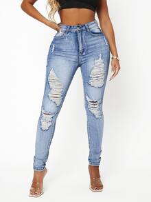 SHEIN SXY 高彈力破洞緊身牛仔褲 - 淺色水洗藍 - 查看 4