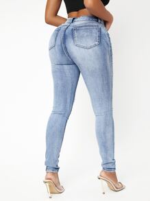 SHEIN SXY 高彈力破洞緊身牛仔褲 - 淺色水洗藍 - 查看 2