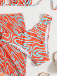 Allover Graphic Halter Triangle Bikini & Beach Skirt - Orange - View 6