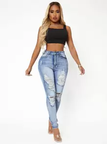 SHEIN SXY 高彈力破洞緊身牛仔褲 - 淺色水洗藍 - 查看 1