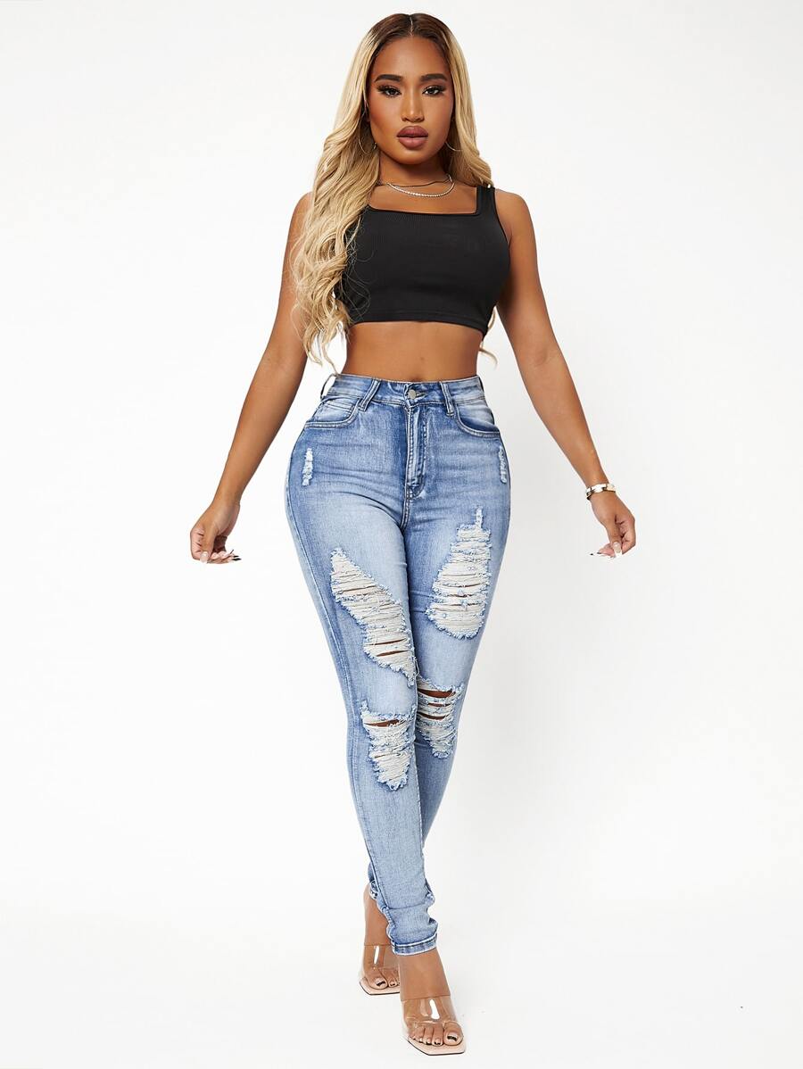 SHEIN SXY 高彈力破洞緊身牛仔褲 - 淺色水洗藍 - 查看 1