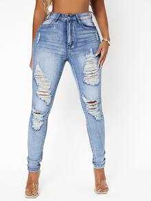 SHEIN SXY 高彈力破洞緊身牛仔褲 - 淺色水洗藍 - 查看 5