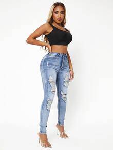 SHEIN SXY 高彈力破洞緊身牛仔褲 - 淺色水洗藍 - 查看 3