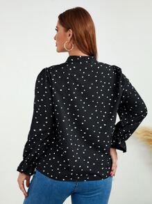 SHEIN Clasi Blusa con estampado de corazón de confeti de manga con volante - Negro - Ver 2