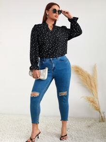 SHEIN Clasi Blusa con estampado de corazón de confeti de manga con volante - Negro - Ver 3