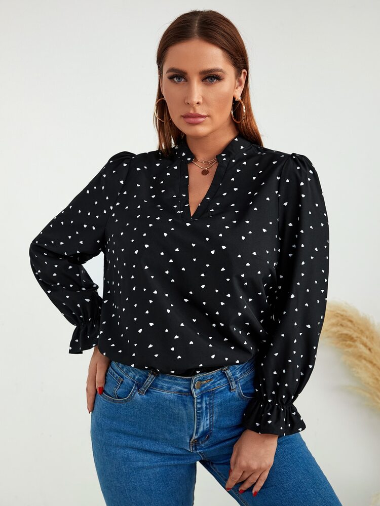 SHEIN Clasi Plus Confetti Heart Print Flounce Sleeve Blouse - Black - View 4