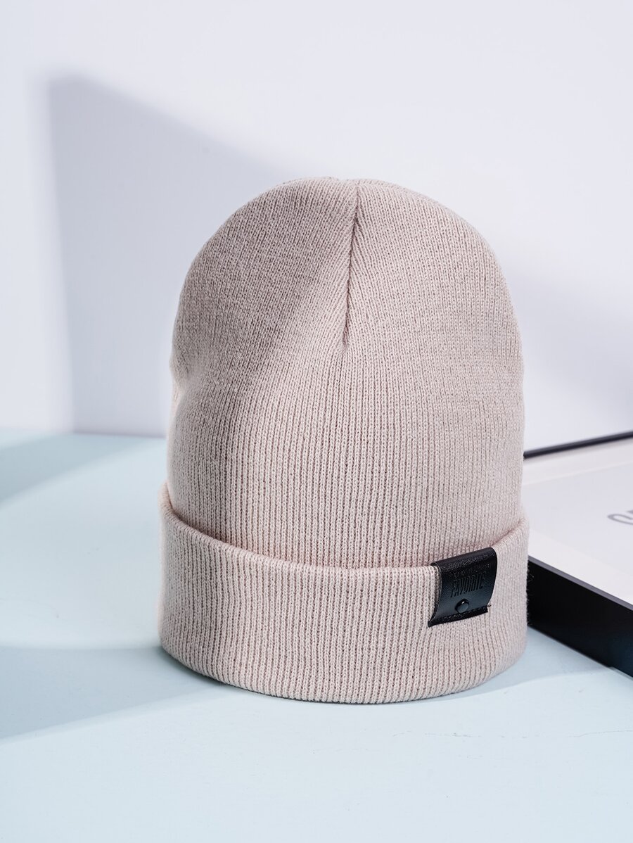 1入組女士時尚冬天針織帽帶皮革標籤,適用於日常穿著 - 卡其色 - 查看 1