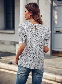Blusa con estampado de manga farol - Blanco y Negro - Ver 2