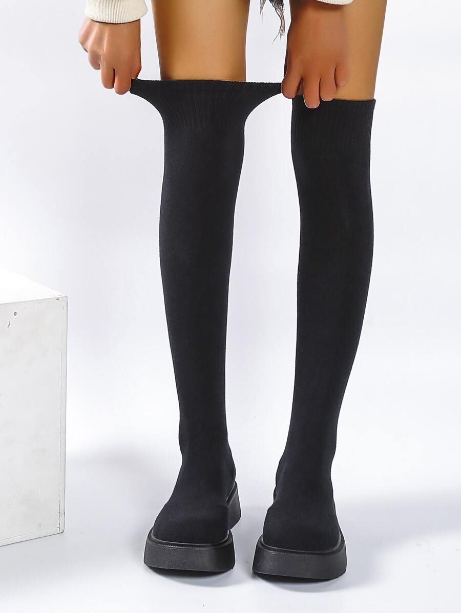 Knit Detail Over Knee Sock Boots - Black - View 1