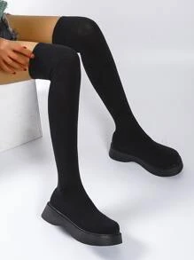 Knit Detail Over Knee Sock Boots - Black - View 2