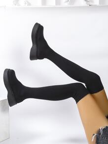 Knit Detail Over Knee Sock Boots - Black - View 4