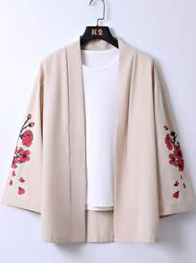 Manfinity EMRG Men Japanese Letter & Floral Print Drop Shoulder Kimono Without Tee - Apricot - View 2